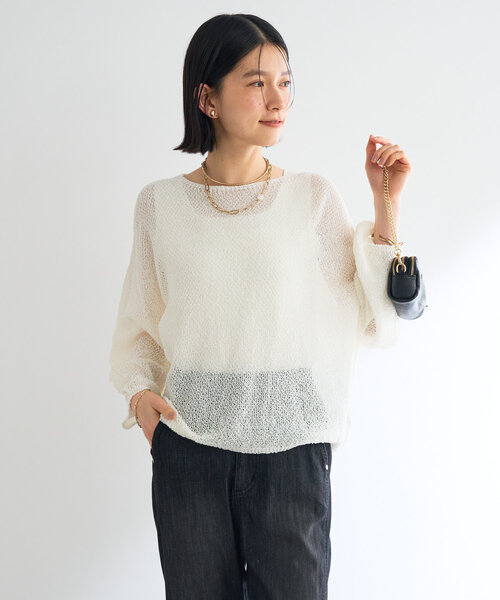 un dix cors（アンディコール）の「《軽量・通気性・吸水速乾性》スクエア和紙ニット（ニット/セーター・レディース・オフホワイト/チャコールグレー・FREE）」の7枚目の写真