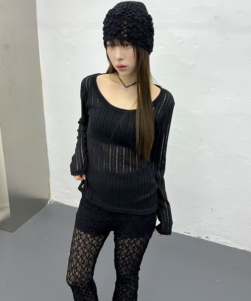 4INT.（フォイント）の「【日焼け対策】 長袖 シースルー メッシュ サマーニット（Tシャツ/カットソー・レディース・ブラック/ホワイト/グレー・FREE）」の4枚目の写真