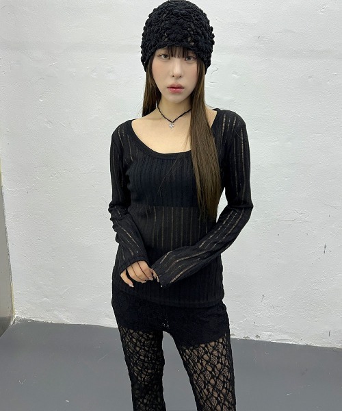4INT.（フォイント）の「【日焼け対策】 長袖 シースルー メッシュ サマーニット（Tシャツ/カットソー・レディース・ブラック/ホワイト/グレー・FREE）」の7枚目の写真