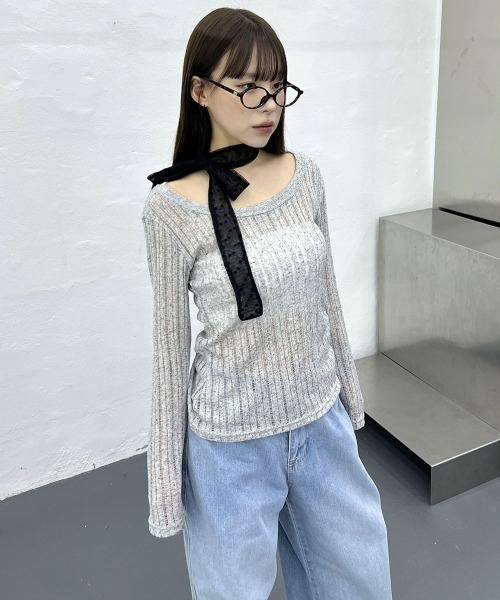 4INT.（フォイント）の「【日焼け対策】 長袖 シースルー メッシュ サマーニット（Tシャツ/カットソー・レディース・ブラック/ホワイト/グレー・FREE）」の16枚目の写真