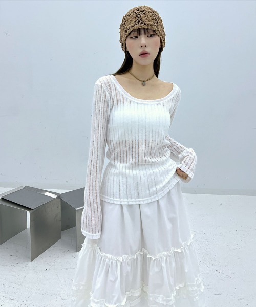 4INT.（フォイント）の「【日焼け対策】 長袖 シースルー メッシュ サマーニット（Tシャツ/カットソー・レディース・ブラック/ホワイト/グレー・FREE）」の19枚目の写真