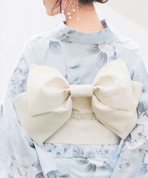 専用です☆ブルーレモン色が素敵な着物に作り帯セット 浴衣【ブルー×縞・花】5Lサイズ｜着物レンタルあき (来店着付け