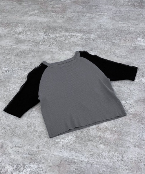 W:Huku(フーク)の「ショルダー レース ラグラン ニット トップス / 半袖 ハーフスリーブ(ニット/セーター・レディース・グレー/ダークブラウン/アイボリー/ブラック・FREE)」の2枚目の写真