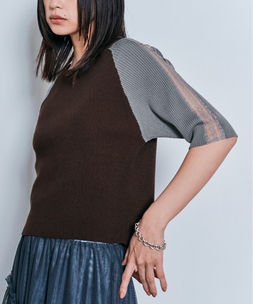 W:Huku(フーク)の「ショルダー レース ラグラン ニット トップス / 半袖 ハーフスリーブ(ニット/セーター・レディース・グレー/ダークブラウン/アイボリー/ブラック・FREE)」の11枚目の写真