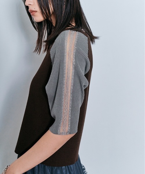 W:Huku(フーク)の「ショルダー レース ラグラン ニット トップス / 半袖 ハーフスリーブ(ニット/セーター・レディース・グレー/ダークブラウン/アイボリー/ブラック・FREE)」の14枚目の写真