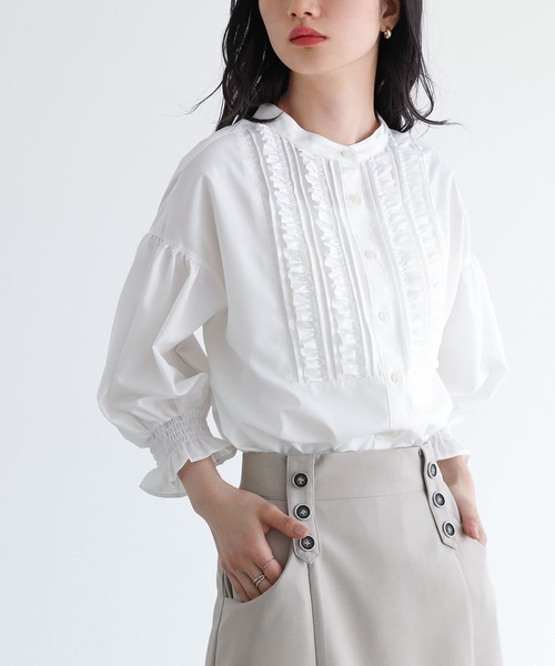 somari imagination（ソマリ イマジネーション）の「『7分袖フリルピンタックブラウス』（シャツ/ブラウス・レディース・ブラック/オフホワイト・1/2）」の7枚目の写真
