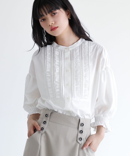 somari imagination（ソマリ イマジネーション）の「『7分袖フリルピンタックブラウス』（シャツ/ブラウス・レディース・ブラック/オフホワイト・1/2）」の3枚目の写真