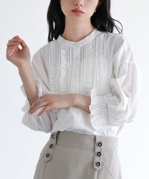 somari imagination（ソマリ イマジネーション）の「『7分袖フリルピンタックブラウス』（シャツ/ブラウス・レディース・ブラック/オフホワイト・1/2）」の4枚目の写真