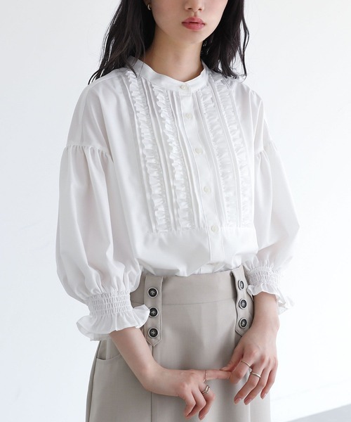 somari imagination（ソマリ イマジネーション）の「『7分袖フリルピンタックブラウス』（シャツ/ブラウス・レディース・ブラック/オフホワイト・1/2）」の6枚目の写真