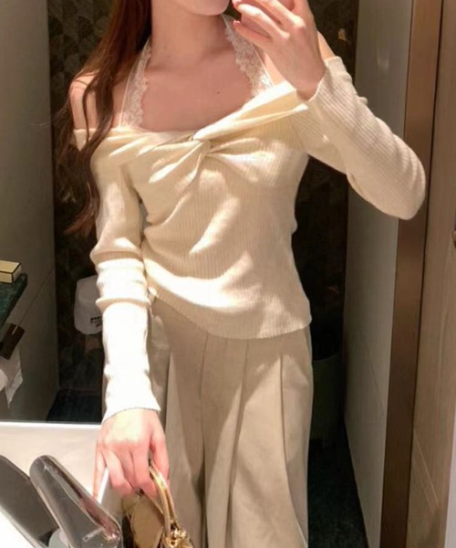 Jasmine Grandiflorum(ジャスミングランディフローラム)の「【Jasmine】2WAYクロスデザインニットプルオーバ(ニット/セーター・レディース・アイボリー/ブルー/パープル/ブラック・FREE)」の5枚目の写真