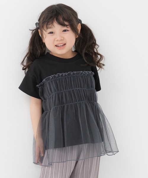 chil2（チルツー）の「チュールキャミ 半袖Tシャツ（Tシャツ/カットソー・キッズ・ホワイト/ブラック/スモークピンク・90cm/100cm/110cm/120cm/130cm/140cm/150cm）」の2枚目の写真