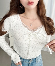 moment+（モーメントプラス）の「無地×ドット×花柄フロントレースギャザーリボン長袖トップス（Tシャツ/カットソー）」