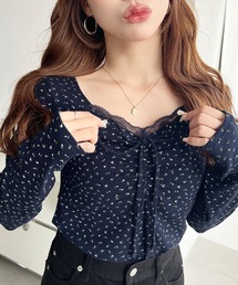 【累計販売枚数3万枚突破!】無地×ドット×花柄フロントレースギャザーリボン長袖トップス