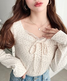 【累計販売枚数3万枚突破！】無地×ドット×花柄フロントレースギャザーリボン長袖トップス