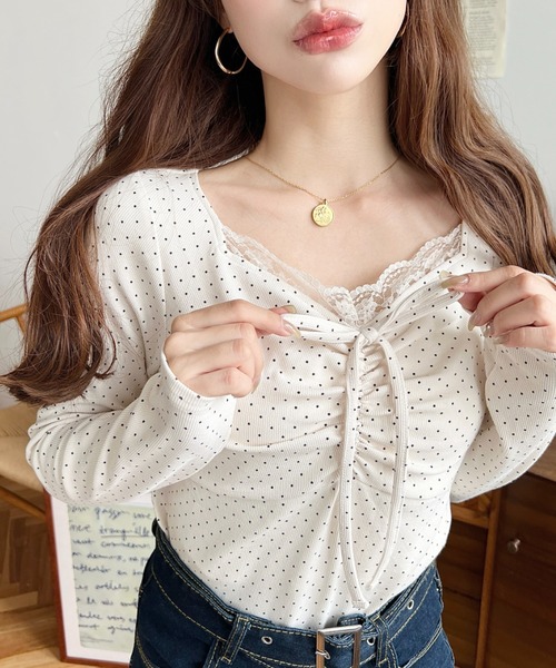 無地×ドット×花柄フロントレースギャザーリボン長袖トップス（Tシャツ