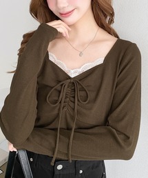 【累計販売枚数3万枚突破!】無地×ドット×花柄フロントレースギャザーリボン長袖トップス