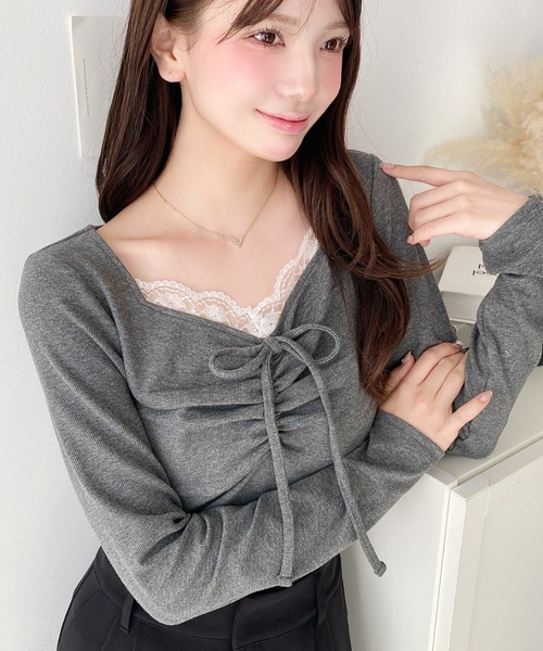 無地×ドットプリントフロントレースギャザーリボン長袖トップス