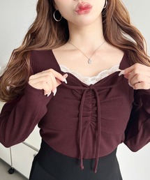 【累計販売枚数3万枚突破!】無地×ドット×花柄フロントレースギャザーリボン長袖トップス