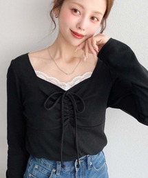 【累計販売枚数3万枚突破!】無地×ドット×花柄フロントレースギャザーリボン長袖トップス