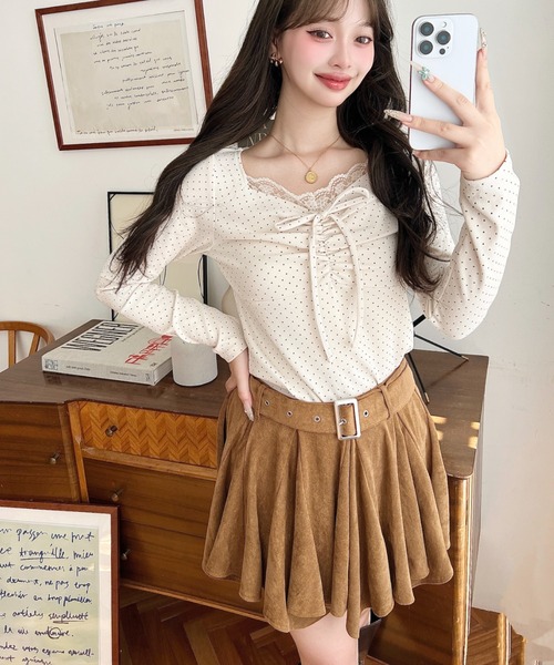 無地×ドット×花柄フロントレースギャザーリボン長袖トップス（Tシャツ