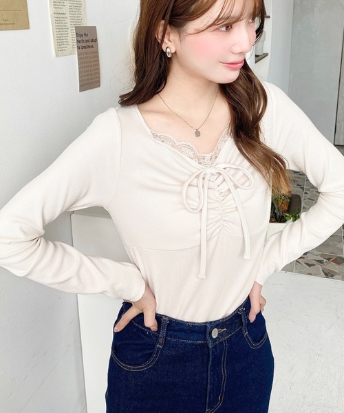 無地×ドット×花柄フロントレースギャザーリボン長袖トップス（Tシャツ