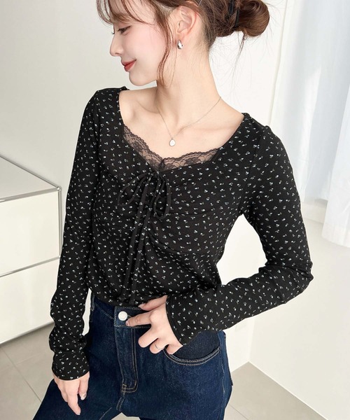 無地×ドット×花柄フロントレースギャザーリボン長袖トップス（Tシャツ
