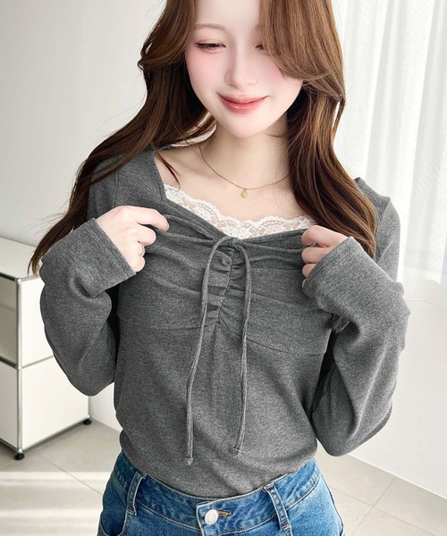 moment+(モーメントプラス)の「無地×ドット×花柄フロントレースギャザーリボン長袖トップス(Tシャツ/カットソー・レディース・ブラック系その他/ブラック/アイボリー/ホワイト系その他/チャコールグレー/杢グレー/ピンク/ネイビー/イエロー系2/ネイビー系/ブラック系2/ホワイト系2・L/M)」の13枚目の写真