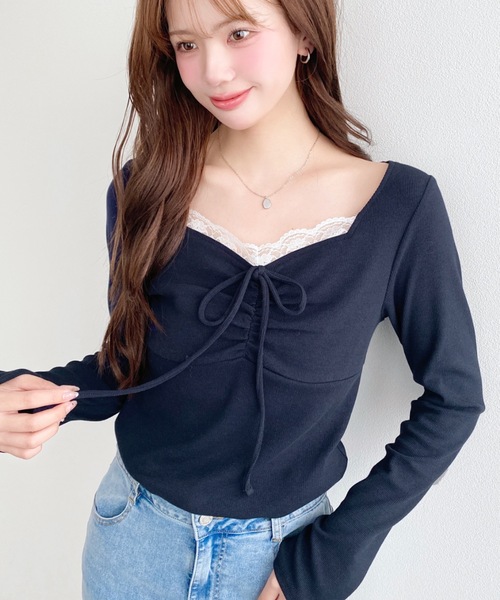 moment+(モーメントプラス)の「無地×ドット×花柄フロントレースギャザーリボン長袖トップス(Tシャツ/カットソー・レディース・ブラック系その他/ブラック/アイボリー/ホワイト系その他/チャコールグレー/杢グレー/ピンク/ネイビー/イエロー系2/ネイビー系/ブラック系2/ホワイト系2・L/M)」の21枚目の写真