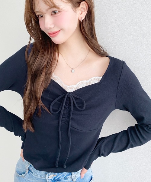 moment+(モーメントプラス)の「無地×ドット×花柄フロントレースギャザーリボン長袖トップス(Tシャツ/カットソー・レディース・ブラック系その他/ブラック/アイボリー/ホワイト系その他/チャコールグレー/杢グレー/ピンク/ネイビー/イエロー系2/ネイビー系/ブラック系2/ホワイト系2・L/M)」の22枚目の写真