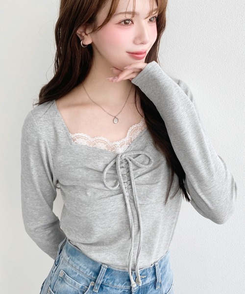 moment+(モーメントプラス)の「無地×ドット×花柄フロントレースギャザーリボン長袖トップス(Tシャツ/カットソー・レディース・ブラック系その他/ブラック/アイボリー/ホワイト系その他/チャコールグレー/杢グレー/ピンク/ネイビー/イエロー系2/ネイビー系/ブラック系2/ホワイト系2・L/M)」の18枚目の写真