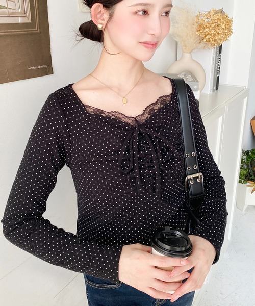 無地×ドット×花柄フロントレースギャザーリボン長袖トップス（Tシャツ
