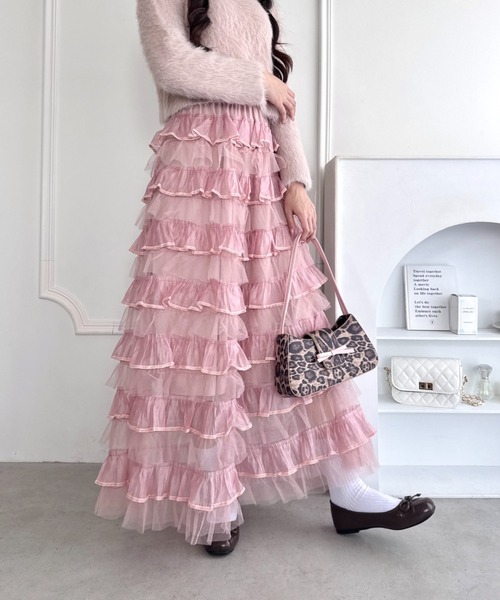 Loueme(ルエム)の「チュールオーガンジーティアードスカート(スカート・レディース・ピンク/ブラウン/アイボリー/ブラック・FREE)」の1枚目の写真