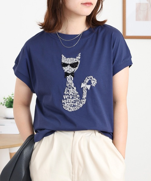 EGLANTINE（エグランティーヌ）の「EGLANTINE ネコデザイン刺繍カットソー（Tシャツ/カットソー・レディース・シルバーグレー/ネイビー/ブラック/ピンク系・38）」の3枚目の写真