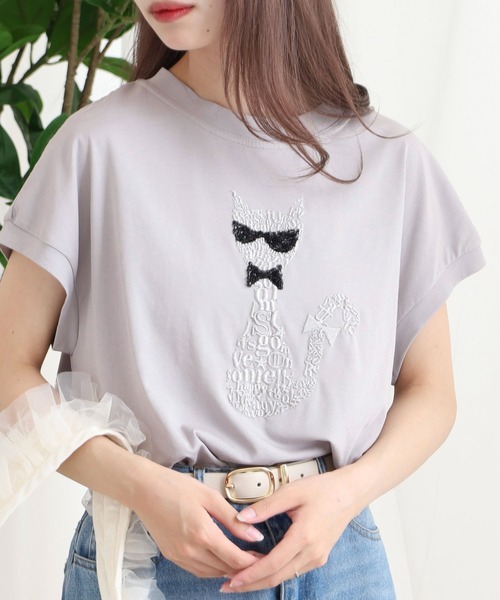 EGLANTINE（エグランティーヌ）の「EGLANTINE ネコデザイン刺繍カットソー（Tシャツ/カットソー・レディース・シルバーグレー/ネイビー/ブラック/ピンク系・38）」の2枚目の写真
