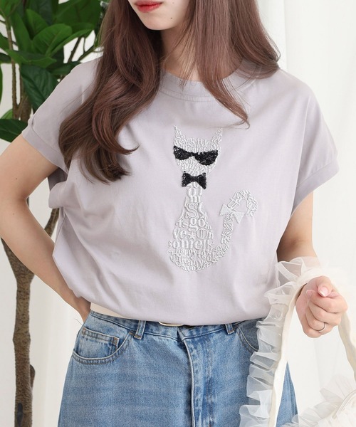 EGLANTINE（エグランティーヌ）の「EGLANTINE ネコデザイン刺繍カットソー（Tシャツ/カットソー・レディース・シルバーグレー/ネイビー/ブラック/ピンク系・38）」の9枚目の写真