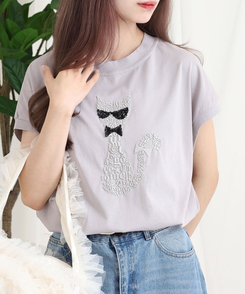 EGLANTINE（エグランティーヌ）の「EGLANTINE ネコデザイン刺繍カットソー（Tシャツ/カットソー・レディース・シルバーグレー/ネイビー/ブラック/ピンク系・38）」の10枚目の写真