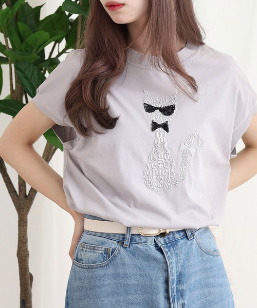 EGLANTINE（エグランティーヌ）の「EGLANTINE ネコデザイン刺繍カットソー（Tシャツ/カットソー・レディース・シルバーグレー/ネイビー/ブラック/ピンク系・38）」の11枚目の写真