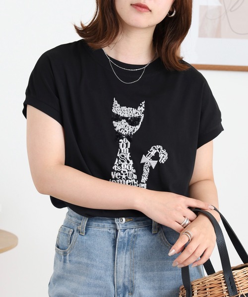EGLANTINE（エグランティーヌ）の「EGLANTINE ネコデザイン刺繍カットソー（Tシャツ/カットソー・レディース・シルバーグレー/ネイビー/ブラック/ピンク系・38）」の5枚目の写真