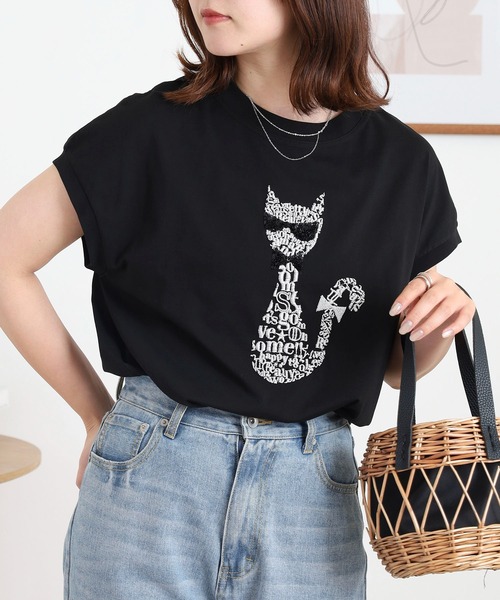 EGLANTINE（エグランティーヌ）の「EGLANTINE ネコデザイン刺繍カットソー（Tシャツ/カットソー・レディース・シルバーグレー/ネイビー/ブラック/ピンク系・38）」の6枚目の写真