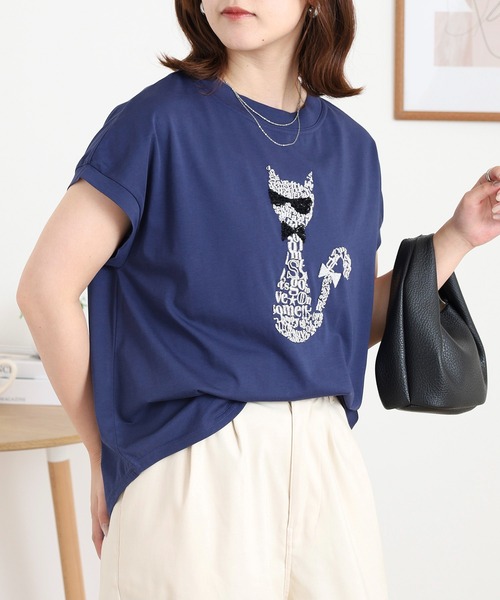 EGLANTINE（エグランティーヌ）の「EGLANTINE ネコデザイン刺繍カットソー（Tシャツ/カットソー・レディース・シルバーグレー/ネイビー/ブラック/ピンク系・38）」の14枚目の写真