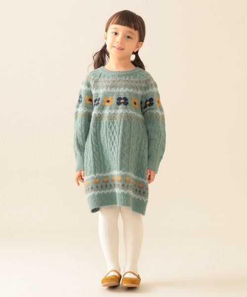 BEAMS mini（ビームスミニ）の「フラワー ケーブル ニット ワンピース 2025FW（90～140cm）（ワンピース・キッズ・ホワイト系その他5/サックスブルー・90/100/110/120/140/130）」の6枚目の写真