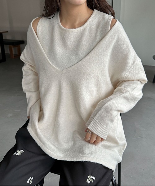 PILIT(ピリット)の「Vネックレイヤードニットset(ニット/セーター・レディース・ホワイト/ピンク/グレー/チャコールグレー・MEDIUM)」の2枚目の写真