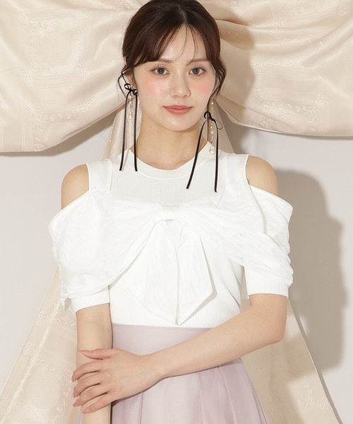 WILLSELECTION（ウィルセレクション）の「チュールオフショルリブニット（ニット/セーター・レディース・ピンク/ダークブラウン/ブラック/オフホワイト・FREE）」の2枚目の写真