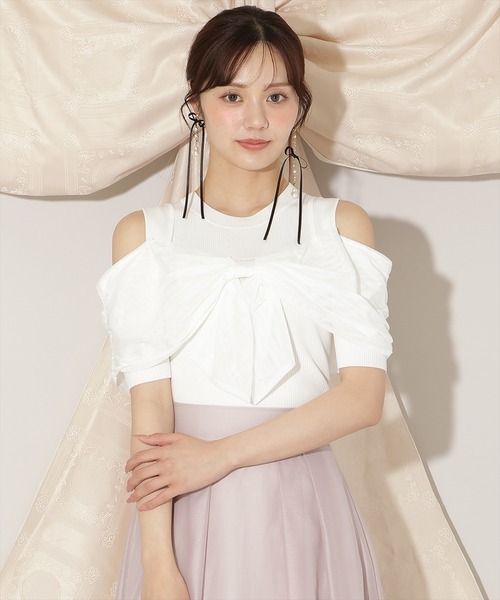 WILLSELECTION（ウィルセレクション）の「チュールオフショルリブニット（ニット/セーター・レディース・ピンク/ダークブラウン/ブラック/オフホワイト・FREE）」の5枚目の写真