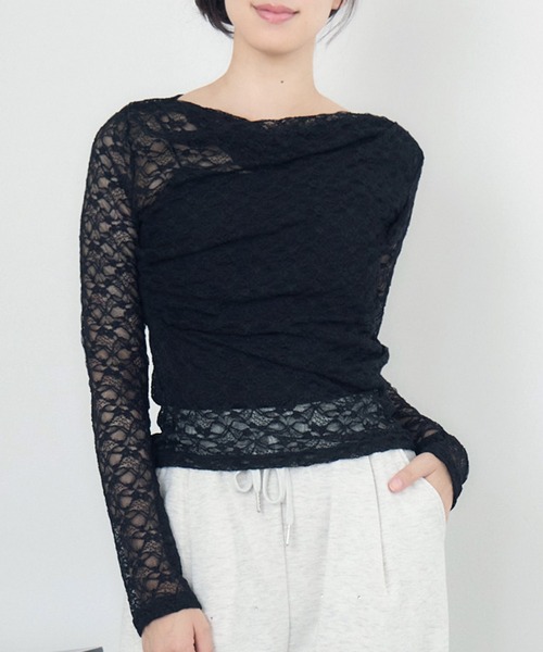 RETRO GIRL（レトロガール）の「ドレープレースCT（Tシャツ/カットソー・レディース・ナチュラル/ブラウン/ブラック・FREE）」の2枚目の写真