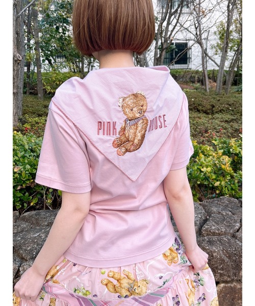 PINK HOUSE テディベア刺繍ギンガムチェックバンダナ付きカットソー PINK HOUSE｜テディベア刺繍ギンガムチェックバンダナ付きカットソー