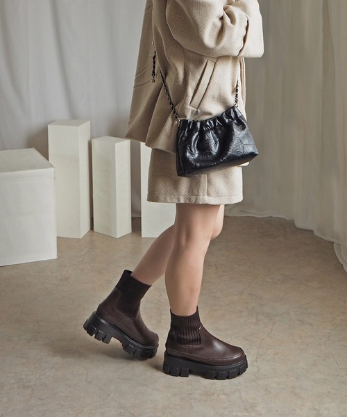 セール】伸縮リブニットで足首きゅ！ 厚底ニットブーツ（ブーツ