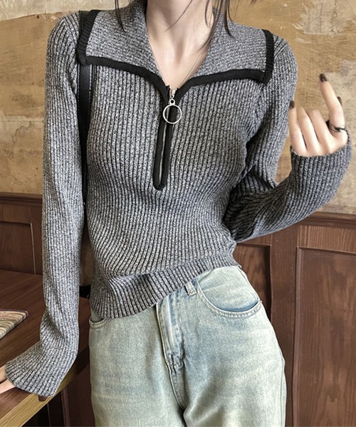 Lace Ladies(レースレディース)の「配色 パイピング 襟付き ハーフジップ ニット プルオーバー(ニット/セーター・レディース・グレー/モカ/ベージュ・FREE)」の2枚目の写真