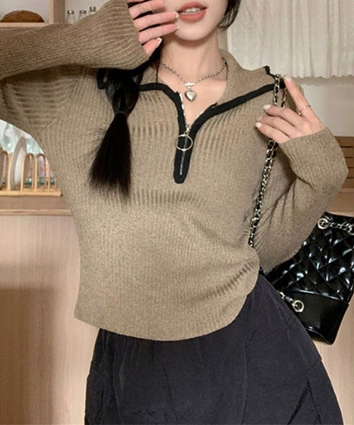 Lace Ladies(レースレディース)の「配色 パイピング 襟付き ハーフジップ ニット プルオーバー(ニット/セーター・レディース・グレー/モカ/ベージュ・FREE)」の12枚目の写真