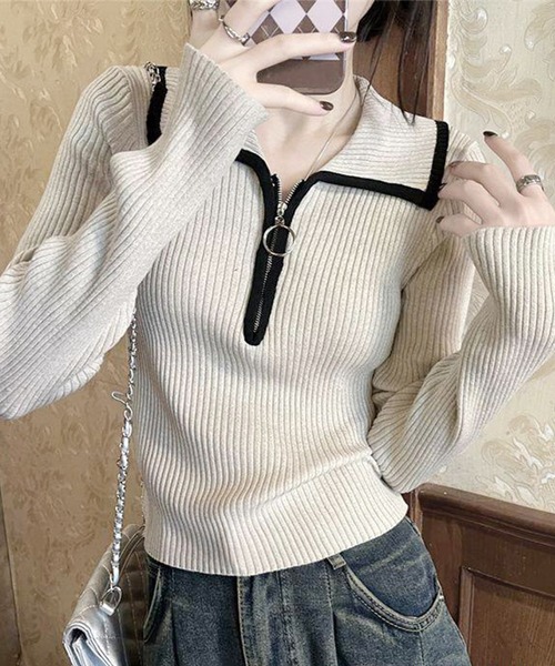 Lace Ladies(レースレディース)の「配色 パイピング 襟付き ハーフジップ ニット プルオーバー(ニット/セーター・レディース・グレー/モカ/ベージュ・FREE)」の13枚目の写真